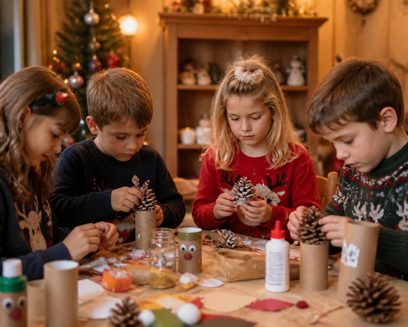 découvrez des idées de bricolage de noël faciles et créatives pour enfants, utilisant des pommes de pin, des rouleaux de papier et des matériaux de récupération pour des fêtes éco-responsables.