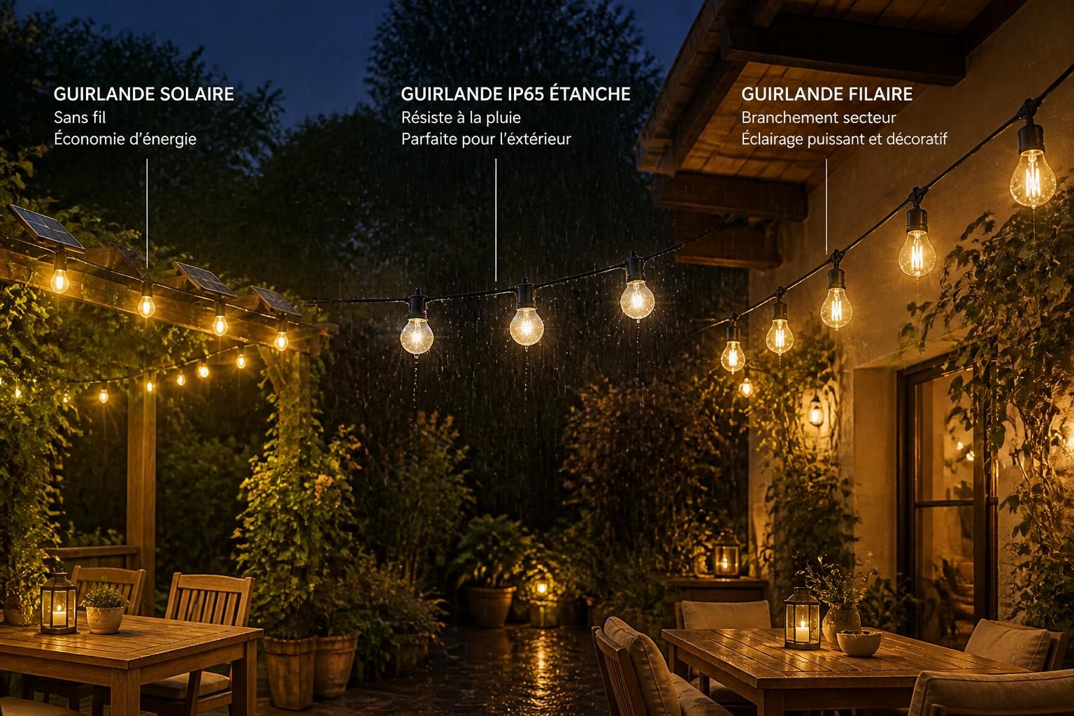 découvrez comment choisir la guirlande guinguette idéale pour l'extérieur : solaire, ip65 ou filaire, guide pratique pour un éclairage parfait en toute circonstance.